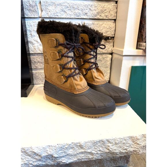 VINTAGE Badger Sorel Women’s Snow Boots Size 7 Brown Leather Waterproof Faux Fur - Picture 1 of 8
